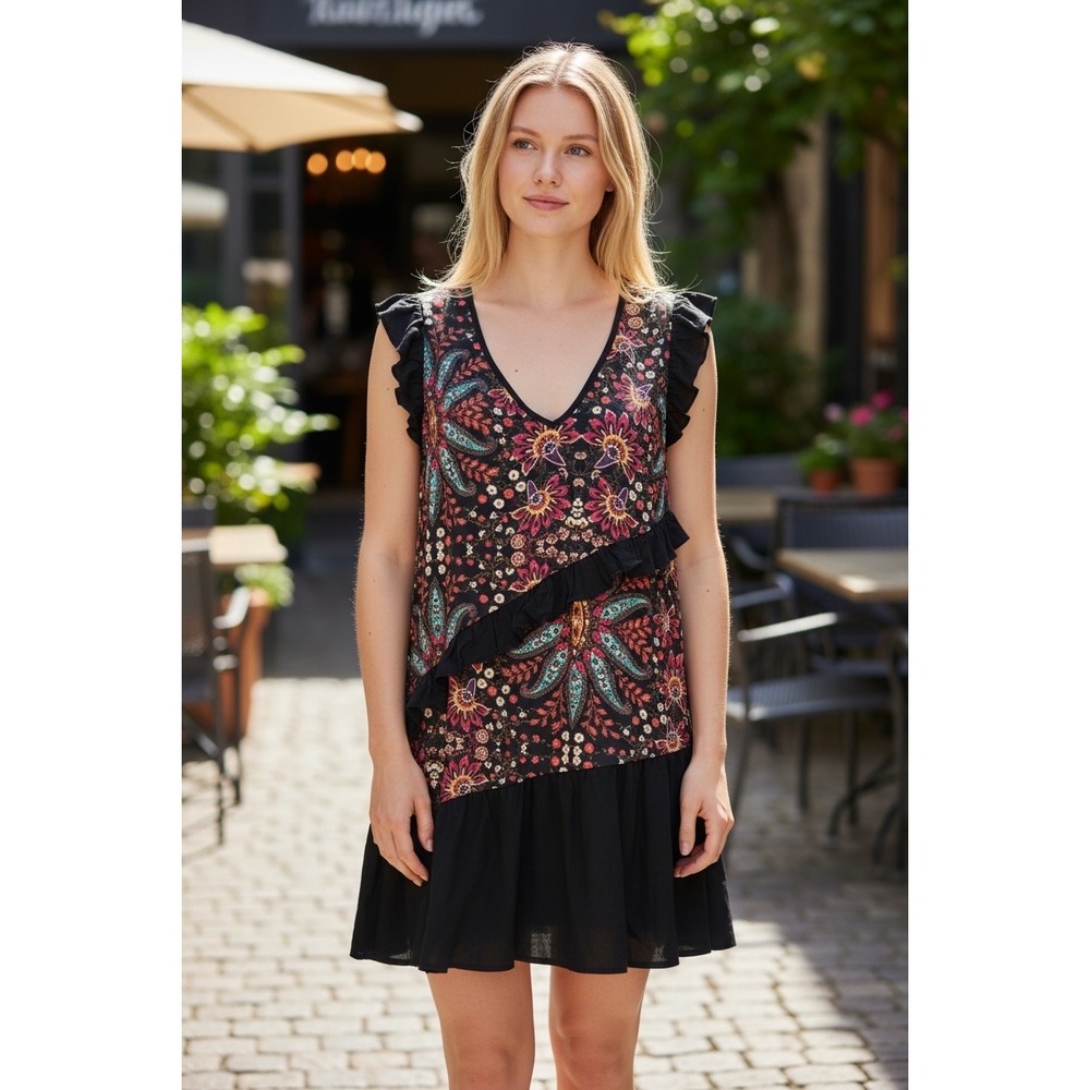 BCBGeneration Black Multi Paisley Floral Ruffle V-Neck Mini Dress YOI64081-065 M